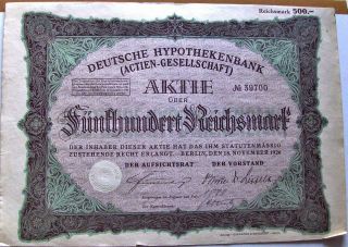 500 Reichsmarks Bond " German Mortgage Bank " Berlin 1926 Not Cancelled,  Rare
