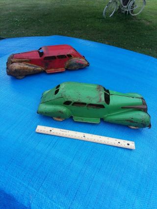 (2) Rare Large 1930s Wyandotte Steel Toy LaSalle Sedan Car Pair Red Green 2