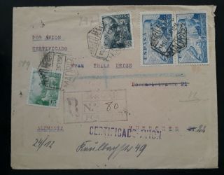 Very Rare 1939 Spain Registd Censor Cover Ties 4 Stamps Canc Madrid