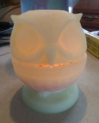 Rare Fenton Yellow Uranium Green Vaseline Custard Glass Owl Votive Fairy Lamp