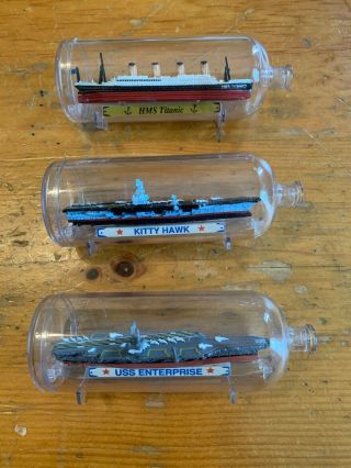 1990 Micro Machines Ship In A Bottle Titanic Uss Enterprise Kitty Hawk Rare