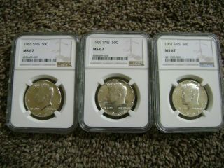 1965 1966 1967 Sms Ngc Ms67 3 - Coin Set,  Jfk Half Dollar Kennedy 50c Rare Set