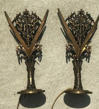 Fabulous Rare Art Deco/nouveau Bronze Slip Shade Table Lamps Snapdragon&lillies