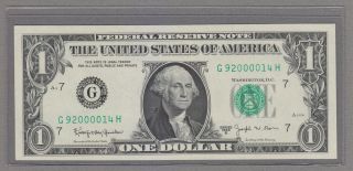Fancy Middle Zeros Serial 92000014 Rare Barr $1 Note (gh)