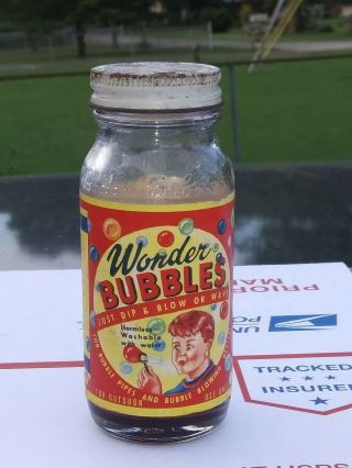 Vintage Rare 1953 Wonder Bubbles Glass Bottle With Paper Label White Cap