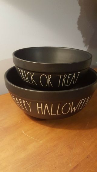 Rae Dunn Black Happy Halloween & Trick Or Treat Halloween Mixing Bowls Htf Rare