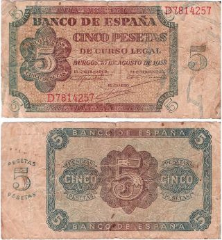 Spain 5 Pesetas (civil War) 10.  08.  1938,  Fine Rare