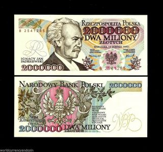 Poland 2000000 2,  000,  000 Zlotych Million P158a 1992 Rare Unc Highest Value Note