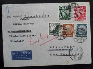 Rare 1938 Germany Airmail Cover Ties 5 Stamps Canc Berlin To Zealand