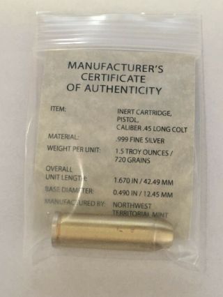 1.  5 Oz.  999 Fine Silver Bullet - Caliber.  45 Long Colt - Nwt - - Rare