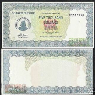 Zimbabwe 5000 5,  000 Dollars P21 2003 Acting Governor Unc Rare Money Bank Note