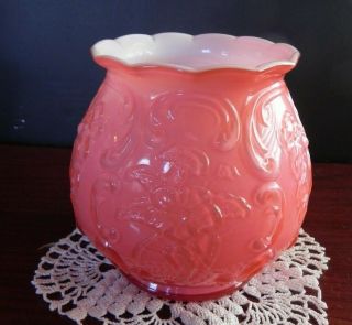 Fenton Coral Cased Milk Glass Vase Wild Rose And Bow Knot 5 " Rare