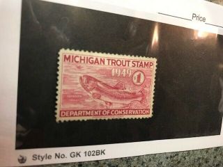 Rare Old 1949 Michigan Trout Fishing License Stamp Print Picture Fly Reel