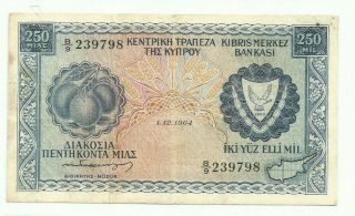 Cyprus 250 Mils 1964 - Vf - Very Rare - Pick 41a