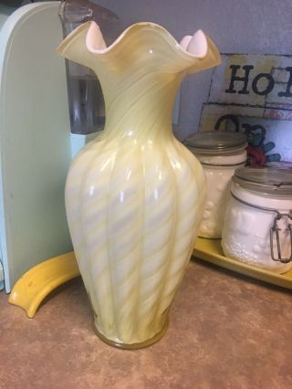 Rare Fenton Art Glass Tall Yellow With White Cased Glass Swirled Vase 11 " Tall