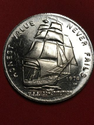 Rare Vintage 1 Oz.  999 Silver Art Bar Round U.  S.  S.  Constitution Sailing Ship E2