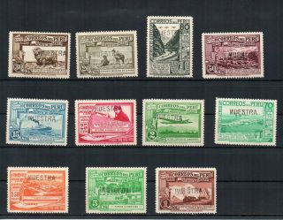 1936 Peru 11 Airmail Stamps Surcharged Muestra,  Waterlow Archives,  Rare