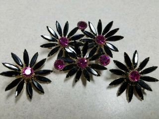 Vintage Stunning Judy Lee Signed Flower Brooch & Earrings Set Rare Black Purple