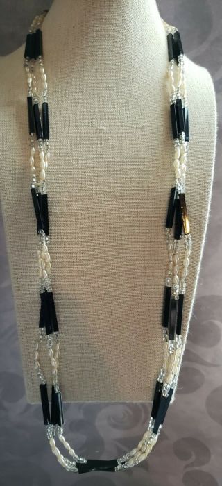 Rare Vintage Miriam Haskell Pearl & Jet Black Glass Necklace Signed