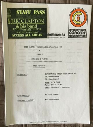 Eric Clapton Very Rare Tour Material 1980 / Staff Pass,  Itinerary