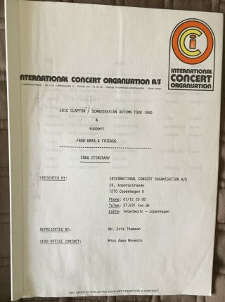 ERIC CLAPTON VERY RARE TOUR MATERIAL 1980 / STAFF PASS,  ITINERARY 4