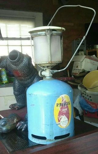Vtg Primus Propane Bottle Lamp And Handle Blue Color Rare