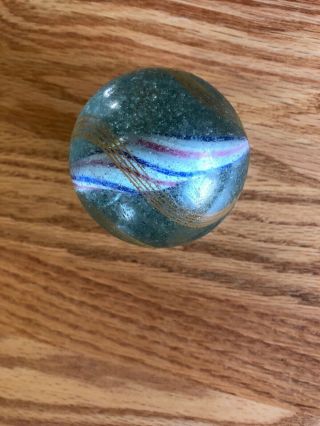 RARE Large Antique 2.  5” Hand Made Transparent Swirl Marble Pink Blue White Yell 10