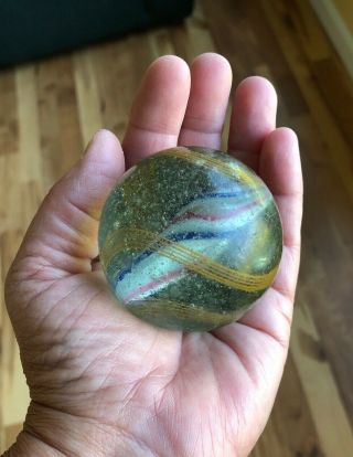 Rare Large Antique 2.  5” Hand Made Transparent Swirl Marble Pink Blue White Yell