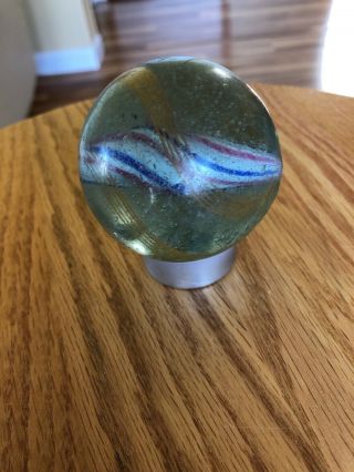 RARE Large Antique 2.  5” Hand Made Transparent Swirl Marble Pink Blue White Yell 3