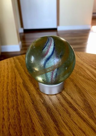 RARE Large Antique 2.  5” Hand Made Transparent Swirl Marble Pink Blue White Yell 7