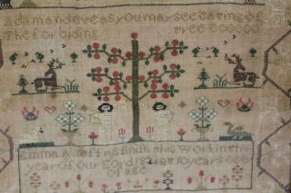 A RARE DATED 1824 ADAM AND EVE SAMPLER SIGNED EMMA JEFFRYS AGE 10 GREAT COLORS 5