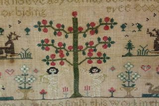 A RARE DATED 1824 ADAM AND EVE SAMPLER SIGNED EMMA JEFFRYS AGE 10 GREAT COLORS 6