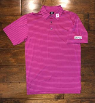 Footjoy Titleist Patch Polo Mens Medium Tour Issue Pink Stripes Rare