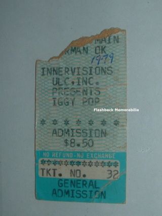 Iggy Pop 1979 Concert Ticket Stub Norman Ok Boomer Theatre Very Rare Stooges