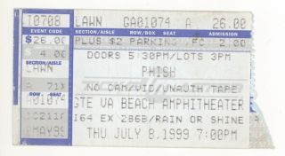 Rare Phish 7/8/99 Virginia Beach Amphitheater Ticket Stub