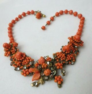 Rare Vintage Miriam Haskell Coral Bead Rhinestone Choker Necklace Art Deco