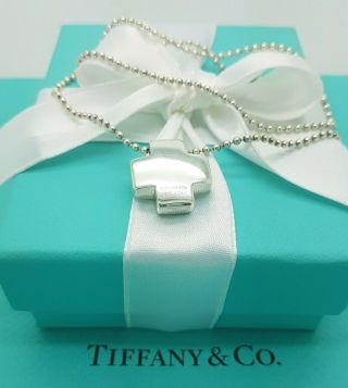 Tiffany & Co Silver Swiss Italy Cross Pendant On Bead Chain Necklace Rare