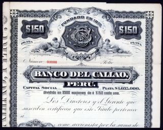 Lima,  Peru.  Banco Del Callao 1883 Specimen 150 Soles In Silver Bond Vf Abn Rare