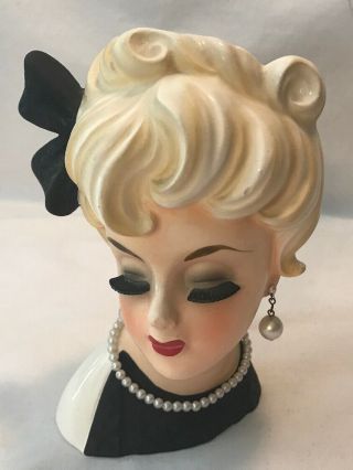Rare 6 1/2 " Lady Head Vase Headvase Blonde B&w " Velvet Girl " Bow Enesco E6056