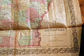 Rare J.  H.  Colton 1857 Pre - Civil War Handhld Book Parchment Paper Map of Arkansas 4