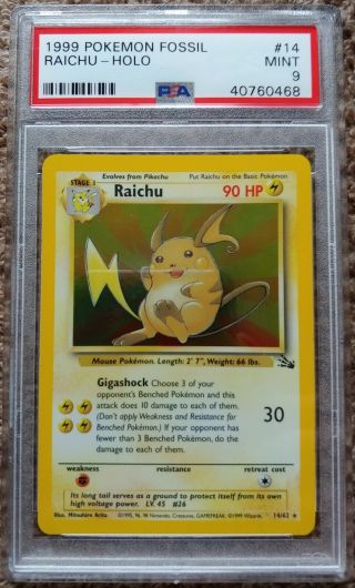Psa 9 Raichu 14/62 Holo Rare Unlimited 1999 Wotc Fossil Pokemon
