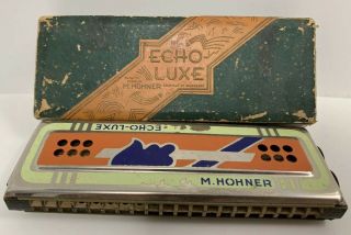 Vintage M.  Hohner Echo Luxe Harmonica W/ Box Rare Made In Germany C & G Key