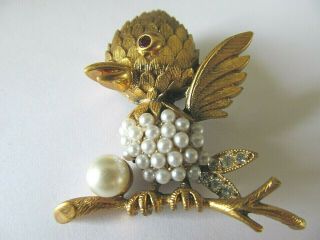 Vintage Rare Tortolani Large Gold Plated Bird W/faux Pearls Designed Brooch Pin