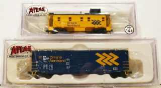 2 N Scale Atlas Ontario Northland Boxcar & Caboose Knuckle Couplers Boxed Rare.