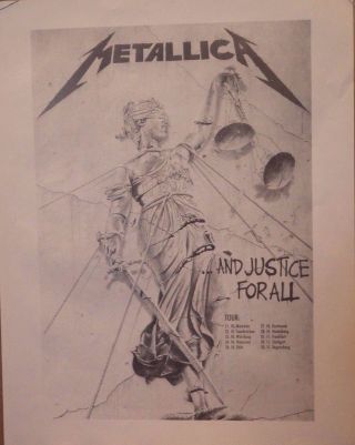 Tour Poster Metallica.  And Justice For All W/dates Nos Vintage Uk Import Rare