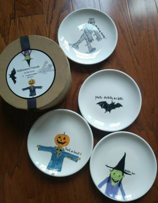 Rae Dunn Halloween Friends 6 " Ceramic Plates Set Of 4 Nib Appetizer Dishes Rare