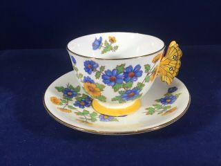 Rare Aynsley England Floral Cup & Saucer W Stunning Butterfly Handle & Gold Rim
