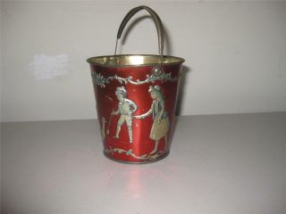 Rare Victorian Embossed Tin Sand Toy Pail,  Red And Gold 3 Children A Doy & Geese