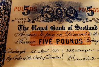 THE ROYAL BANK OF SCOTLAND 5 POUNDS 1961 RARE G25089 2