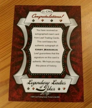2011 Leaf Poker CINDY MARGOLIS Legendary Ladies of Poker On - Card Auto - Rare 2